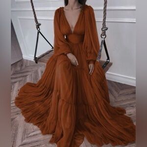 Mac Duggal 67948 Copper Long Sleeve Chiffon Cut Out Lace Up Evening Gown Women 8